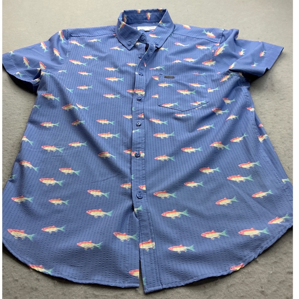 Vintage Summer Fish Print Button Shirt Blue Seersucker Stretch Size M V61404